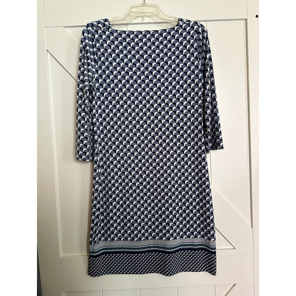 Ann Taylor Sheath Dress Petite's Medium Blue White Geometric Print‎ 3/4 Sleeve - Picture 3 of 4